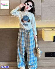 Set Melisa xám mũ xanh, quần caro xanh