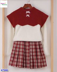 Set 3 món đính nơ, chân váy caro đỏ