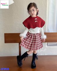 Set 3 món đính nơ, chân váy caro đỏ