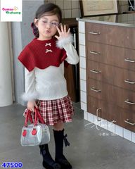 Set 3 món đính nơ, chân váy caro đỏ