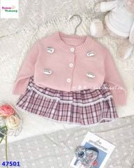 Set áo len hồng Happy , chân váy caro hồng