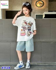 Set áo trắng Hello Kitty , quần Jean