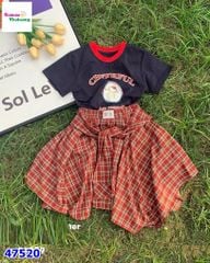 Set áo xanh Hello Kitty , chân váy caro đỏ