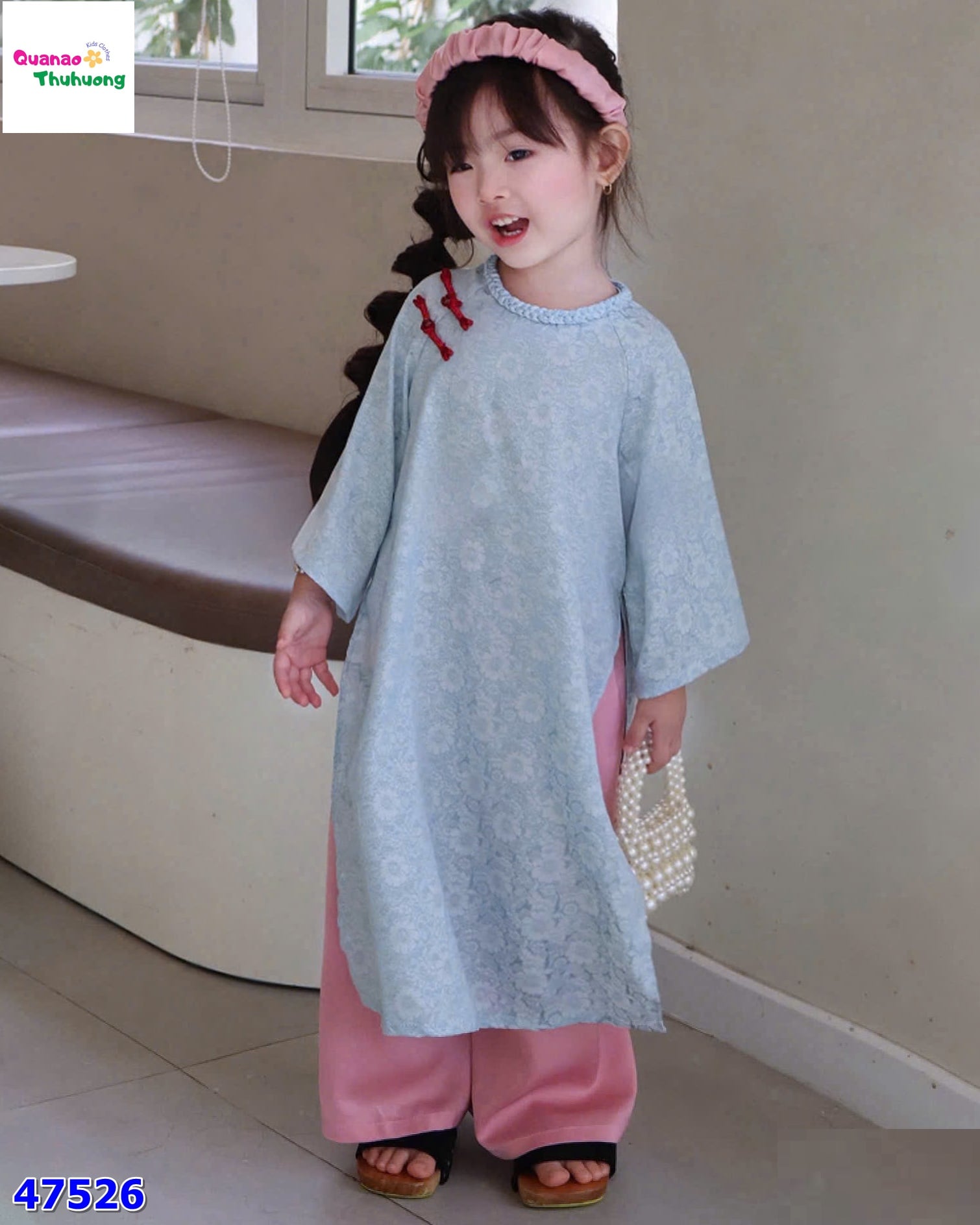 Áo dài Babies Mo lụa xanh (tặng băng đô hồng)