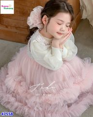 Đầm dạ hồng tầng ren bồng