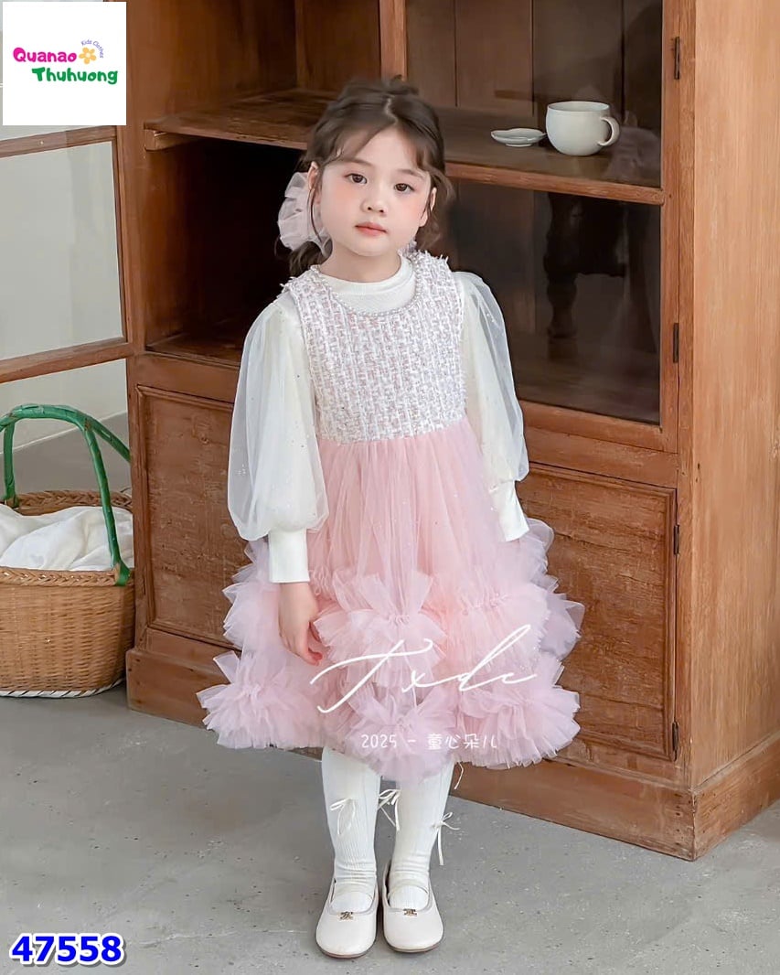 Đầm dạ hồng tầng ren bồng