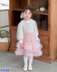 Đầm dạ hồng tầng ren bồng