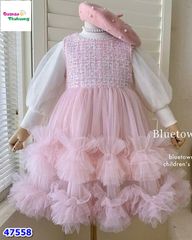 Đầm dạ hồng tầng ren bồng