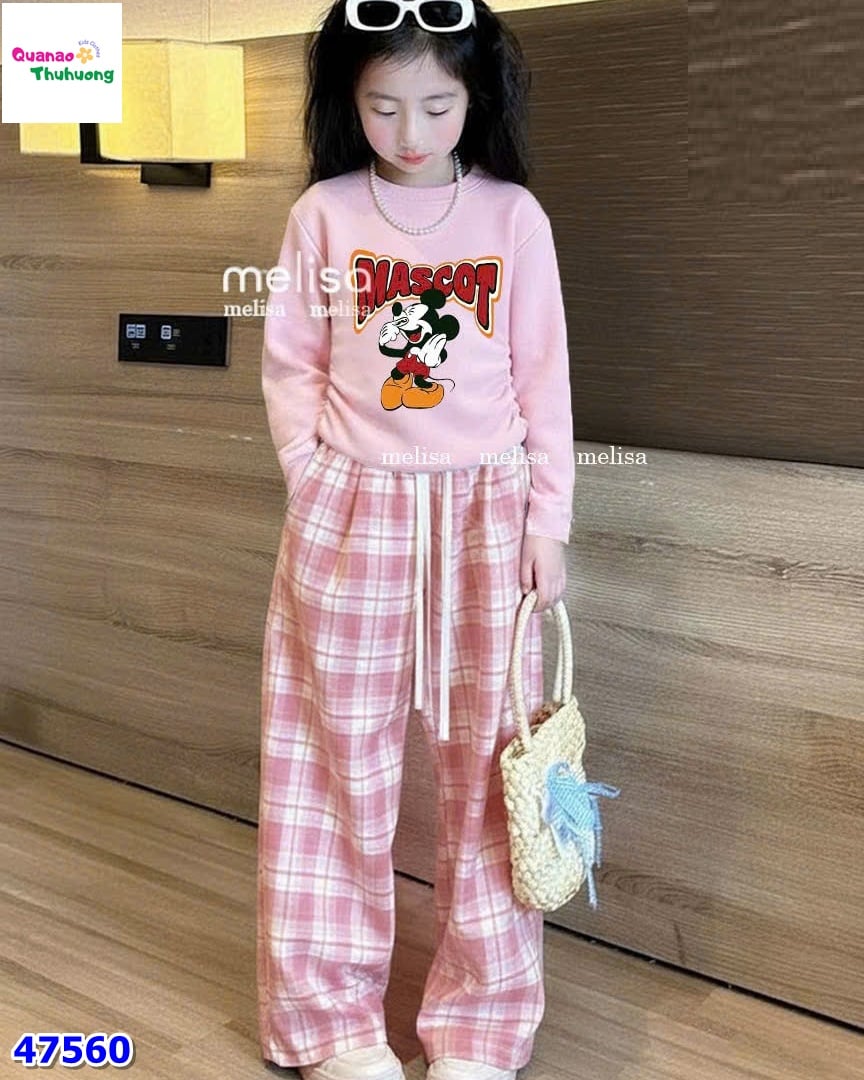 Set Melisa hồng Mickey, quần caro hồng
