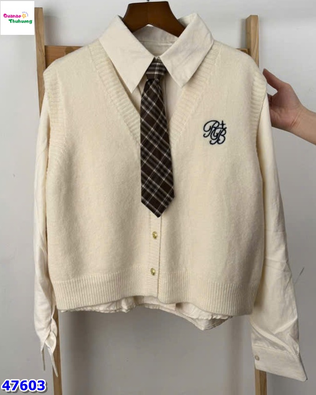 Set 2 món sơ mi gile RB kem