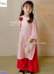 Áo dài MLS hồng thêu hoa, quần đỏ