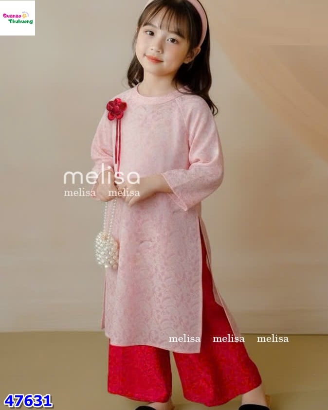 Áo dài MLS hồng thêu hoa, quần đỏ