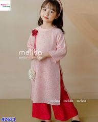 Áo dài MLS hồng thêu hoa, quần đỏ
