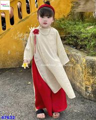 Áo dài J&J kem thêu hoa, quần đỏ