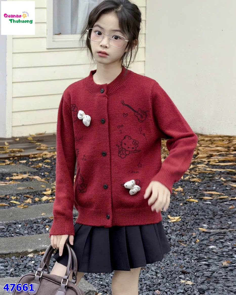 Áo khoác len đỏ Kitty đính nơ