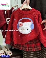 Áo len đỏ Kitty đeo tai nghe