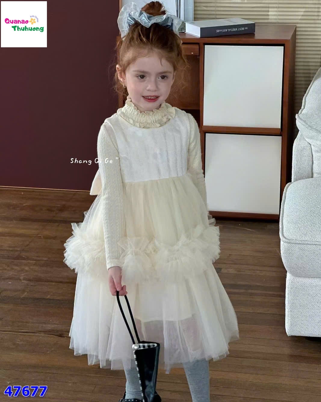 Đầm tiệc SQG kem đính nơ