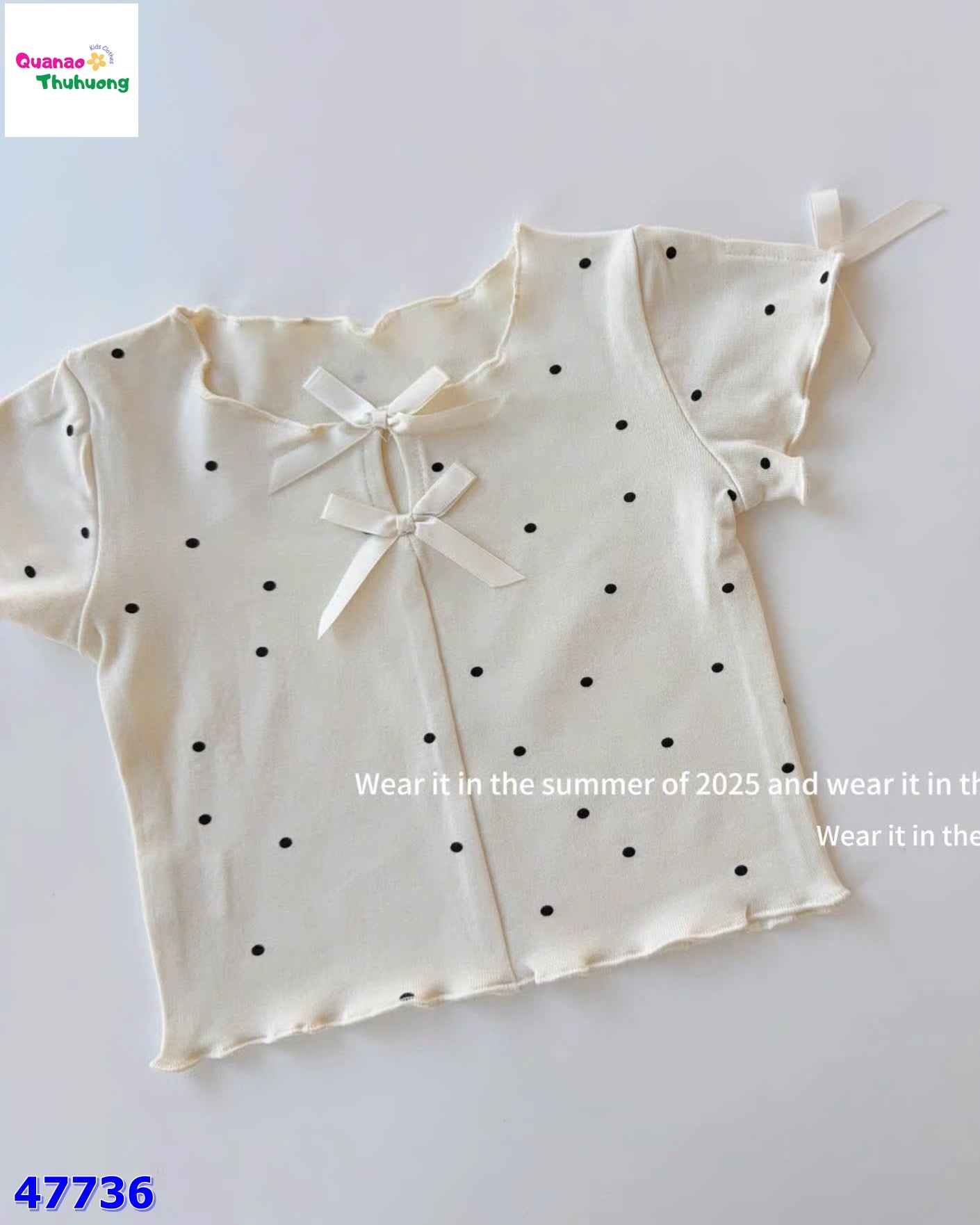 Set áo váy kem chấm bi nơ