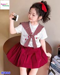 Set 3 món áo trắng, chân váy đỏ