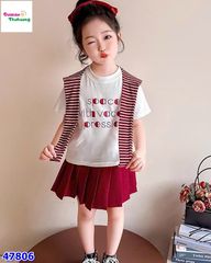 Set 3 món áo trắng, chân váy đỏ