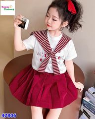 Set 3 món áo trắng, chân váy đỏ