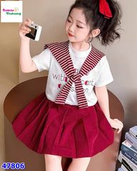Set 3 món áo trắng, chân váy đỏ