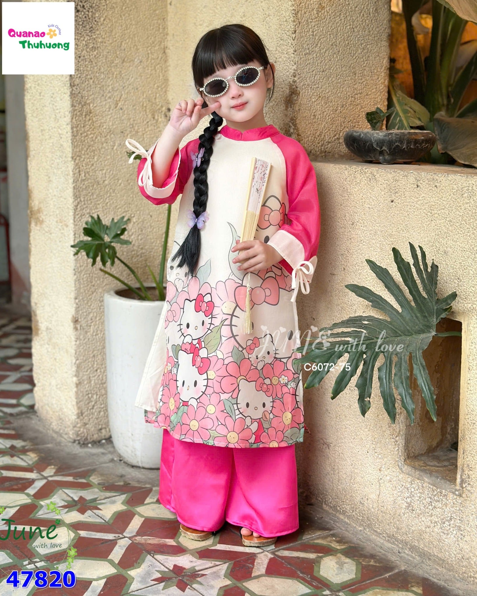 Áo dài Tết June hồng Kitty