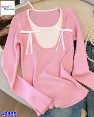 Áo tay dài hồng kem nơ