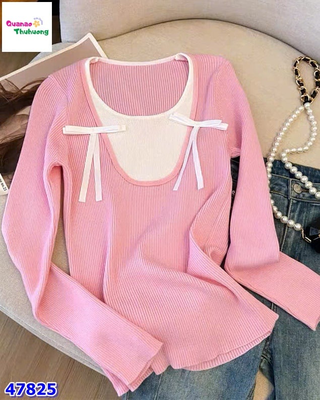 Áo tay dài hồng kem nơ