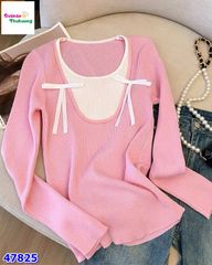 Áo tay dài hồng kem nơ