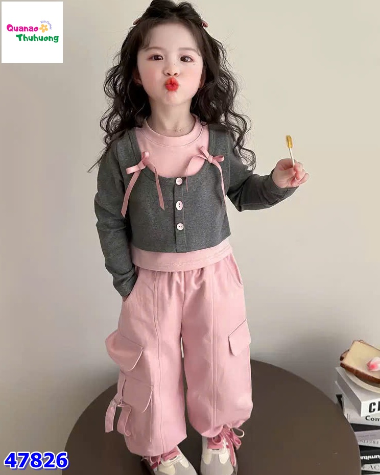 Áo tay dài xám hồng nơ