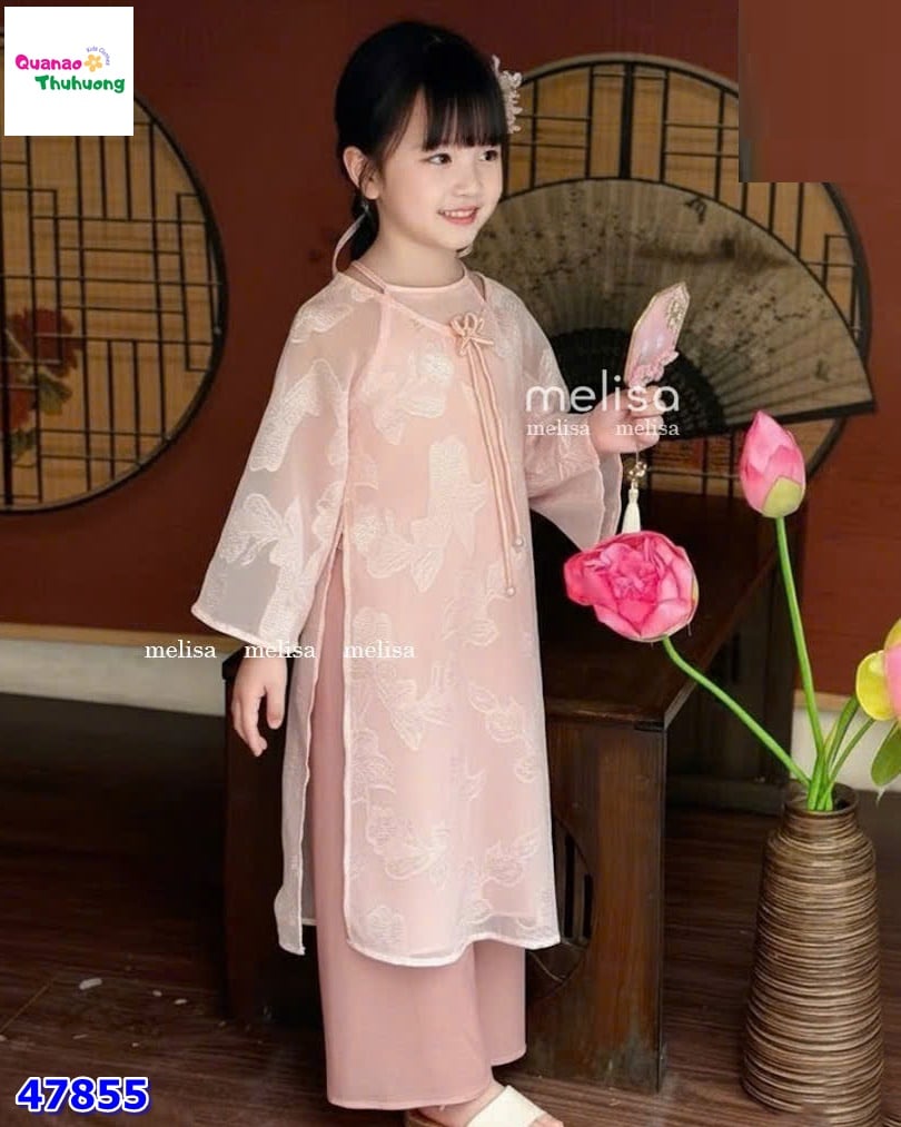 Áo dài Tết MLS hồng đính hoa