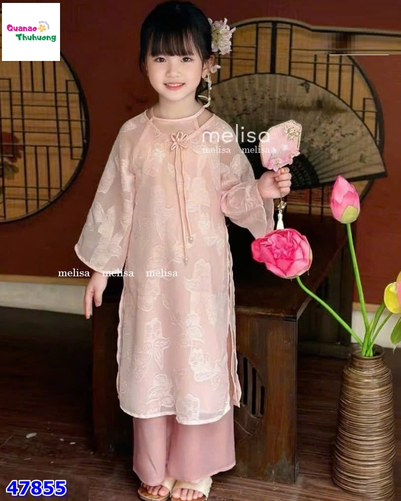 Áo dài Tết MLS hồng đính hoa
