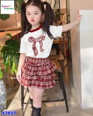 Set váy J&J trắng nơ caro