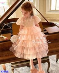 Đầm tiệc hồng tầng đính nơ
