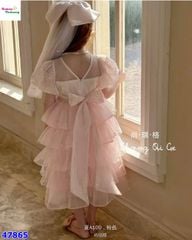 Đầm tiệc hồng tầng đính nơ