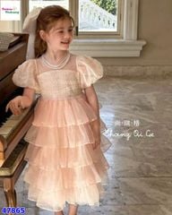 Đầm tiệc hồng tầng đính nơ