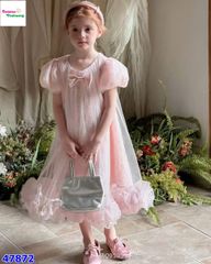 Đầm hồng xuông viền bèo đính nơ