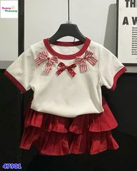 Set áo trắng nơ caro váy đỏ