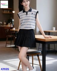 Set DDH áo polo sọc xanh, váy đen