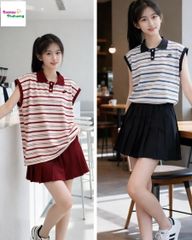 Set DDH áo polo sọc xanh, váy đen