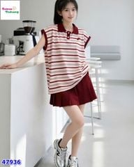 Set DDH áo polo sọc đỏ, váy đỏ