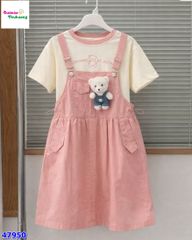 Set yếm hồng, áo in gấu