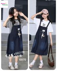 Set yếm jean DDH, áo sọc đen Garden