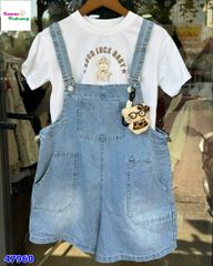 Set quần yếm jean, áo trắng Good Luck
