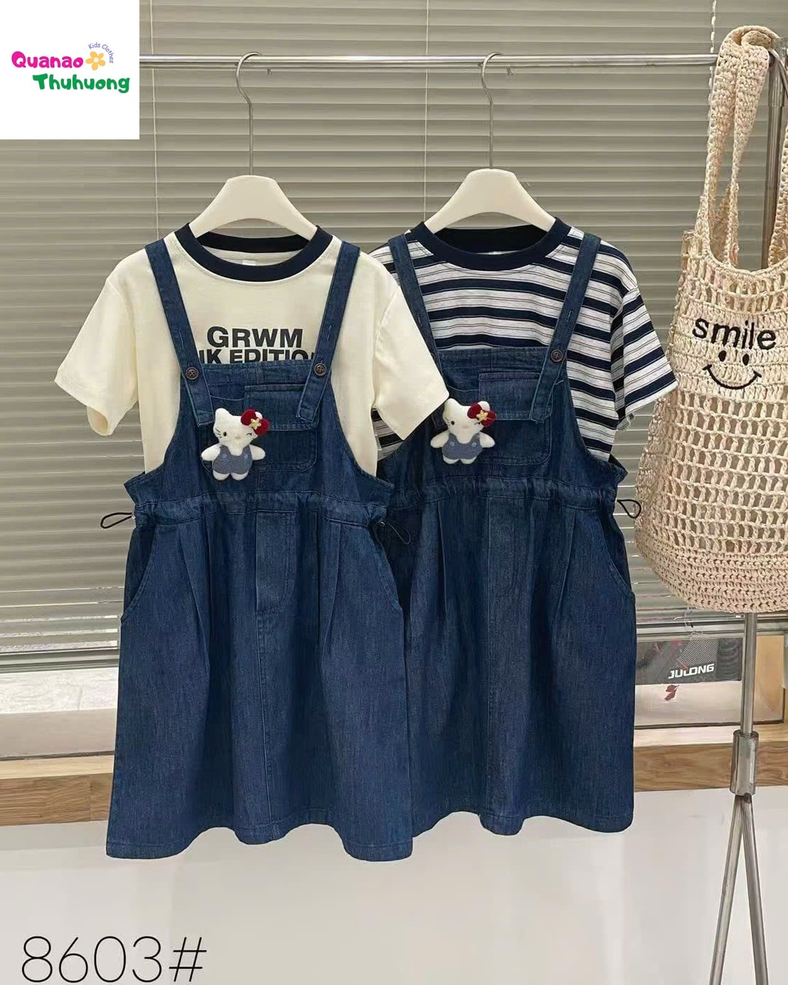 Set yếm jean, áo sọc đen GRWM