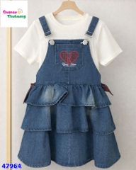 Set đầm yếm jean trái tim, áo trắng