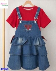 Set đầm yếm jean trái tim, áo đỏ