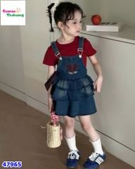 Set đầm yếm jean trái tim, áo đỏ