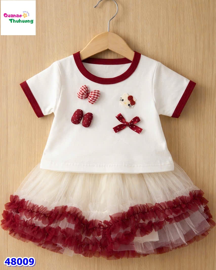 Set tutu viền đỏ, áo trắng nơ Kitty